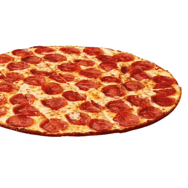 Little Caesars Thin Crust Pepperoni Pizza with a crispy, golden thin crust topped with zesty pepperoni slices and melted mozzarella cheese, delivering a deliciously crisp and savory pizza experience.