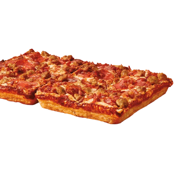 Little Caesars Detroit-Style Deep Dish 3 Meat Treat Pizza with a thick, square crust topped with savory pepperoni, sausage, and bacon, melted mozzarella, and rich tomato sauce, offering a hearty and flavorful pizza experience.