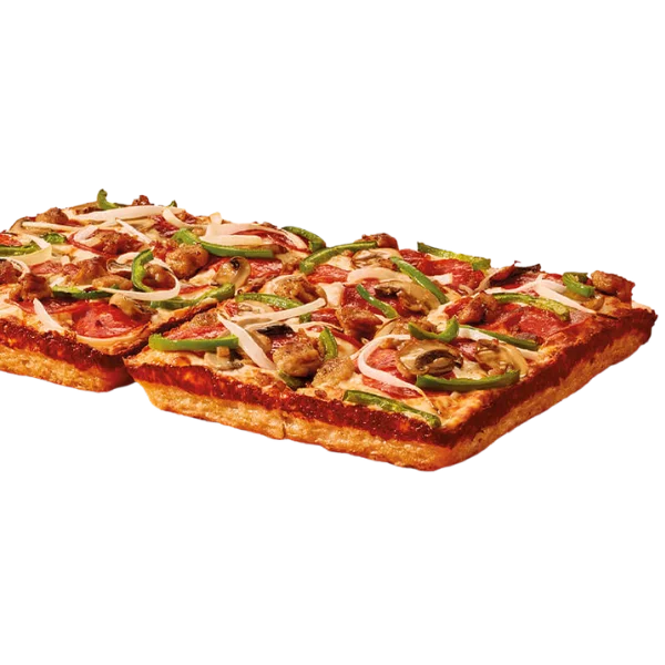 Little Caesars Detroit-Style Deep Dish Ultimate Supreme Pizza featuring a thick, square crust topped with pepperoni, sausage, green peppers, onions, mushrooms, and black olives, all smothered in melted mozzarella and rich tomato sauce for a bold, hearty pizza experience.