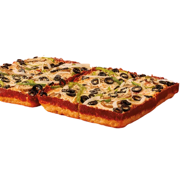 Little Caesars Detroit-Style Deep Dish Veggie Pizza featuring a thick, square crust topped with mushrooms, green peppers, onions, black olives, and melted mozzarella, all smothered in rich tomato sauce for a deliciously fresh and hearty pizza experience.