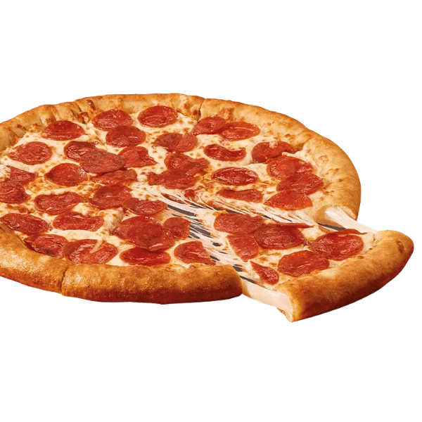 Little Caesars Stuffed Crazy Crust Pepperoni Pizza with a golden, cheesy stuffed crust filled with melted cheese, topped with zesty pepperoni and rich tomato sauce, offering a bold, savory pizza experience with every bite.