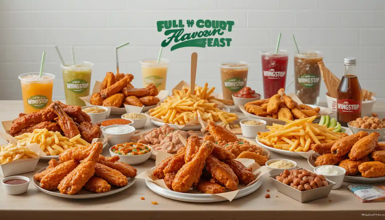 Wingstop Full Court Flavor Feast featuring wings, fries, dips, and drinks on a table, with small green and white branding text.