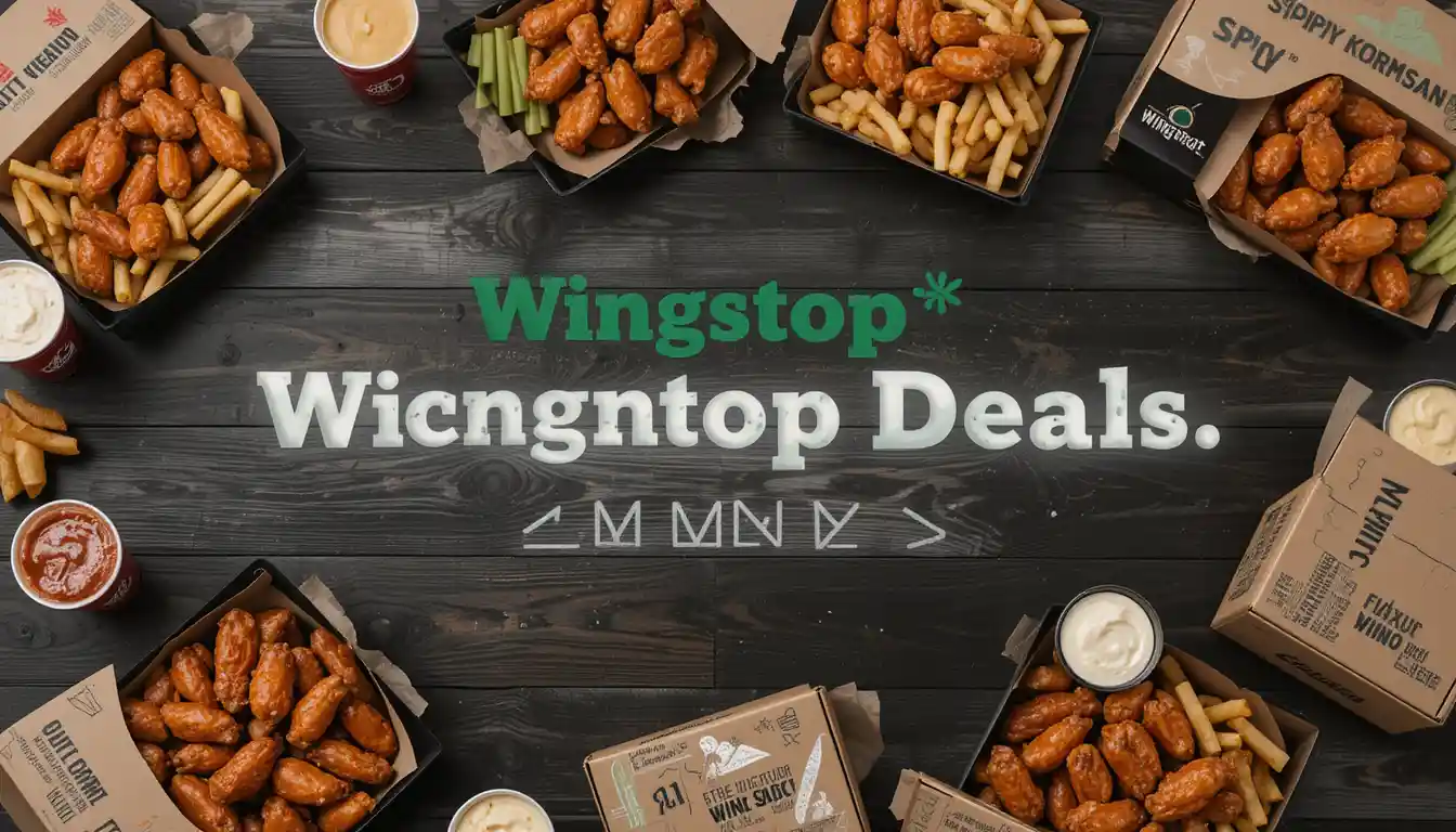 Top-down view of assorted Wingstop wings, fries, and drinks with text 'Wingstop Menu Deals' in brand colors.