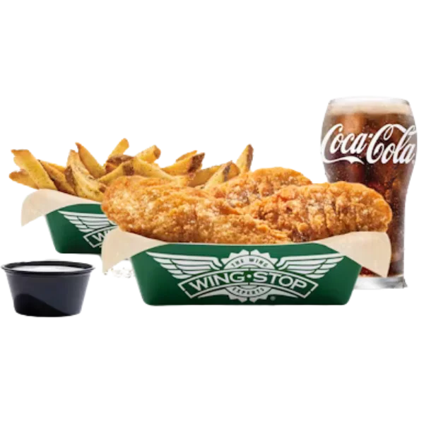  Wingstop's NEW! 3 pc Crispy Tender Combo, featuring three crispy tenders tossed in your choice of flavor, served with seasoned fries or veggie sticks, a dipping sauce, and a 20 oz drink