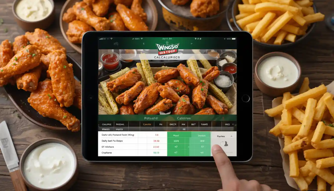 Interactive Wingstop Nutrition Calculator with calories, fat, protein, and carbs chart beside chicken wings and fries – Wingstop menu nutrition interface