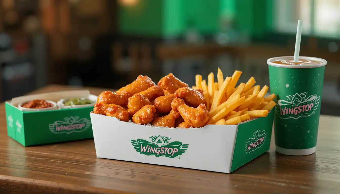 "Flat lay of Wingstop Boneless Meal Deal with wings, fries, drink, and branded text overlay."
