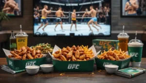 Wingstop UFC Fight Night Bundle with wings, fries, and drinks on table, Wingstop branding and UFC viewing in background.